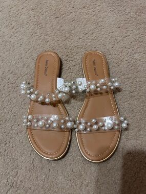 Pierre Dumas Tan Slide Sandals with Clear Pearl-Straps